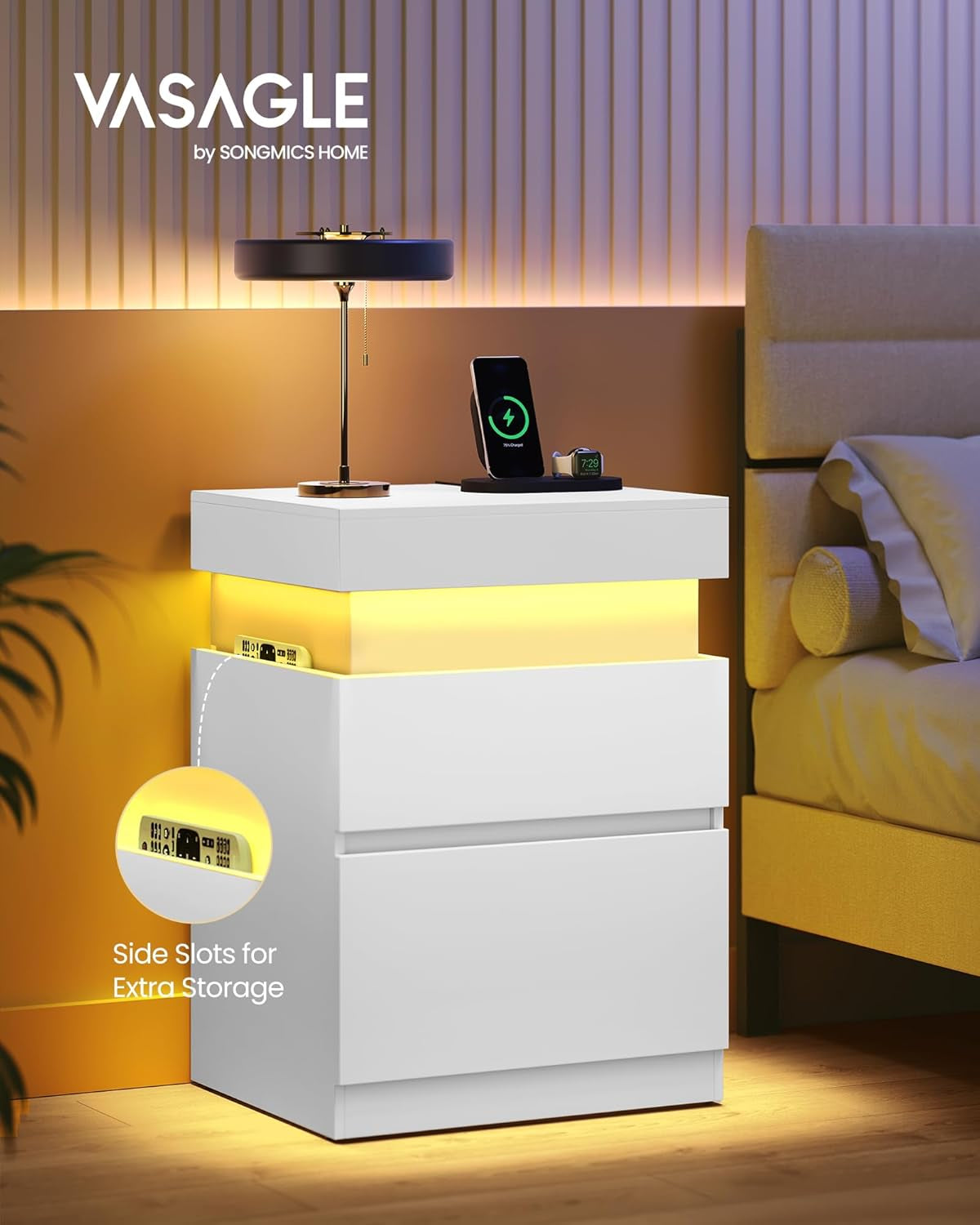 Kailyn Collection - Nightstand with Power Outlets, Sliding Lid, Modern Bedside Table with LED Lights, End Table, 2 Drawers, 15.7 X 18.9 X 26.8 Inches, Cloud White ULET650WB01S