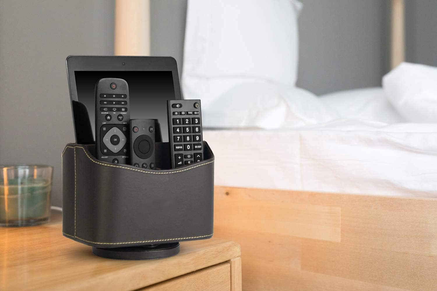 Spinning Remote Control Holder, Remote Controller Holder, Remote Caddy, Media Storage Organizer, Spinning Remote Control Organizer, 7.3X 5.5 X 6 Inches, Brown PU Leather