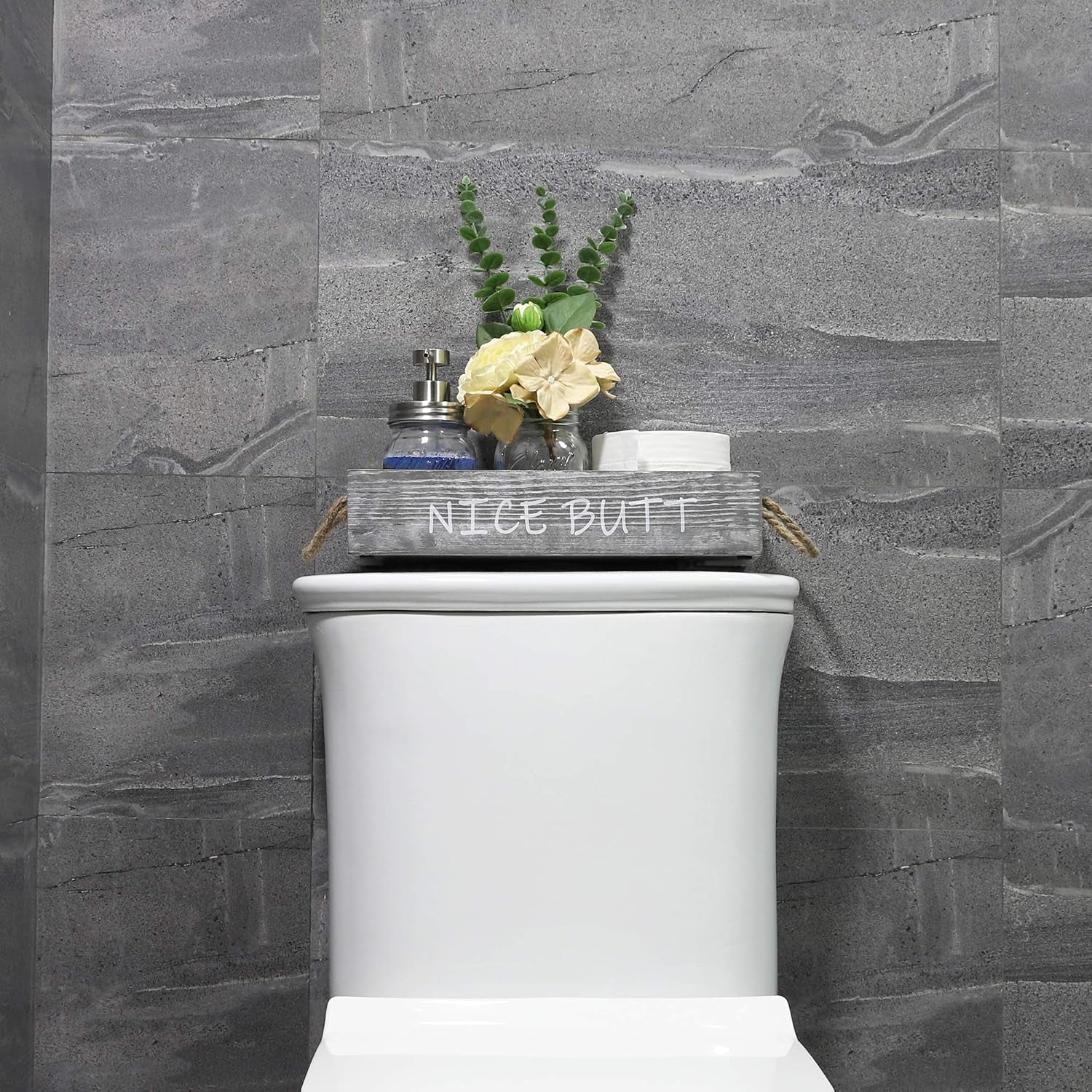 Wood Toilet Paper Holder, Farmhouse Nice Butt Bathroom Decor Box with 16Oz Mason Jar Soap Dispenser&Rose Flower,Funny Home Decor Crate for Bathroom,Kitchen,Table Counter, Medium Grey