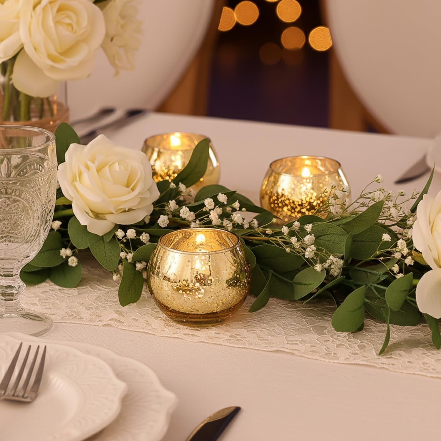 12 Pcs Gold Votive Candle Holders- Gold Centerpieces for Tables, Mercury Glass Votives for Wedding, Rehearsal Dinner, Engagement, Birthday Party Decorations
