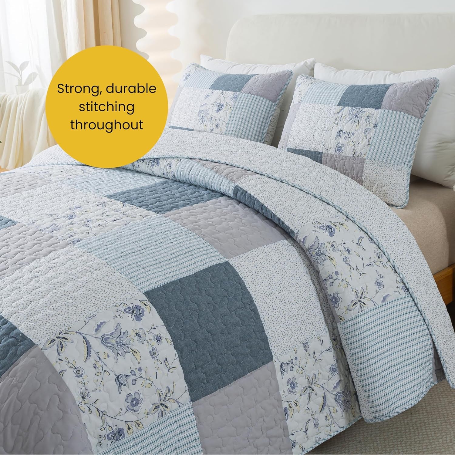 Coastal Dream Cotton Pieced Quilt Set - Twin Size with 1 Sham, Soft Purple & Blue Patchwork Quilted Bedspread, Farmhouse Country Style Bedding for All Seasons