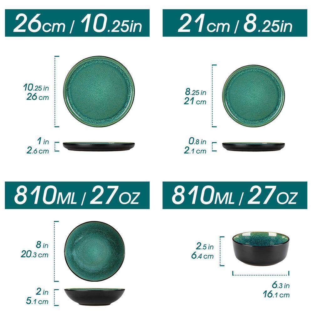 16-Piece Green and Black Stoneware Dinnerware Set Service for 4 Tableware Bowls and Plates Dining Set Dishware Set