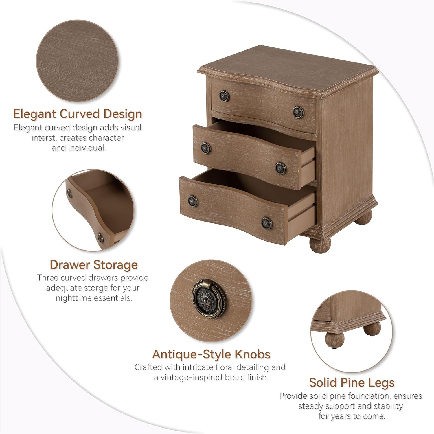 Farmhouse 3 Drawer Nightstand with Distressed Wood Finish, Rustic Vintage Small Dresser with Curved Front Design, Solid Pine Base for Bedroom, Almost Fully Assembly, Transitional, Brown