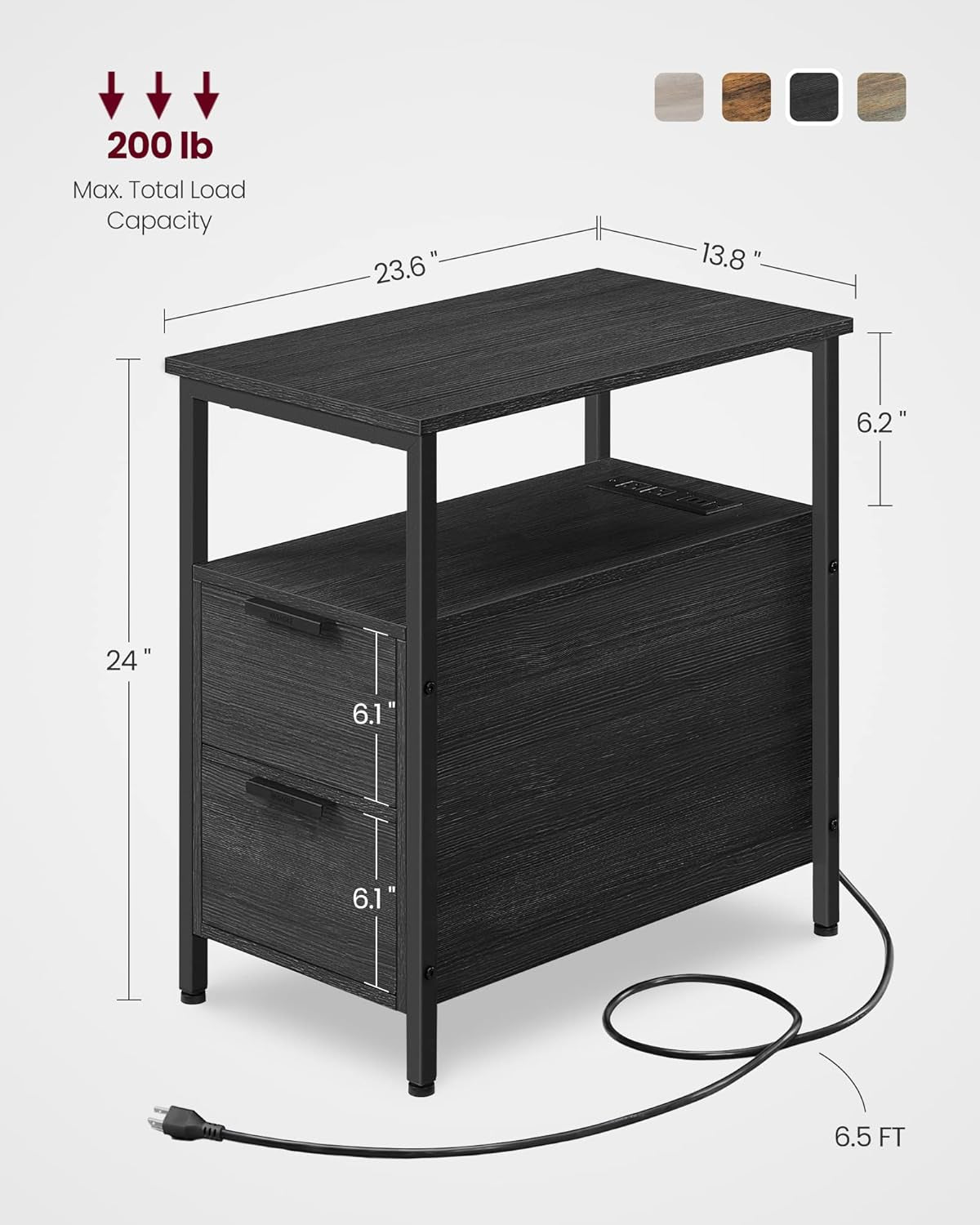 Side End Table with Charging Station, Slim Nightstand with 2 Drawers, Narrow Bedside Table for Living Room, Small Spaces, Charcoal Gray and Ink Black ULET321B22