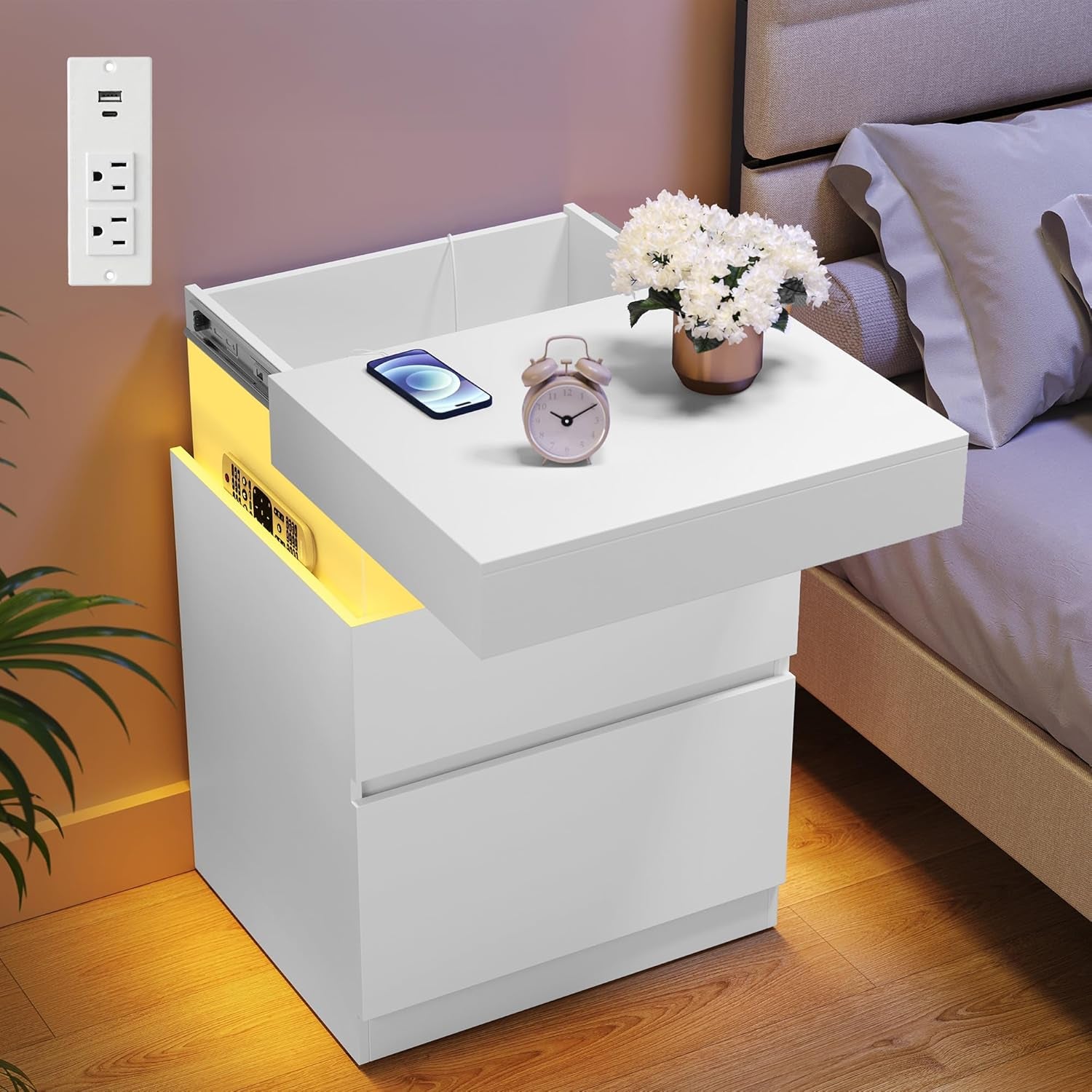 Kailyn Collection - Nightstand with Power Outlets, Sliding Lid, Modern Bedside Table with LED Lights, End Table, 2 Drawers, 15.7 X 18.9 X 26.8 Inches, Cloud White ULET650WB01S