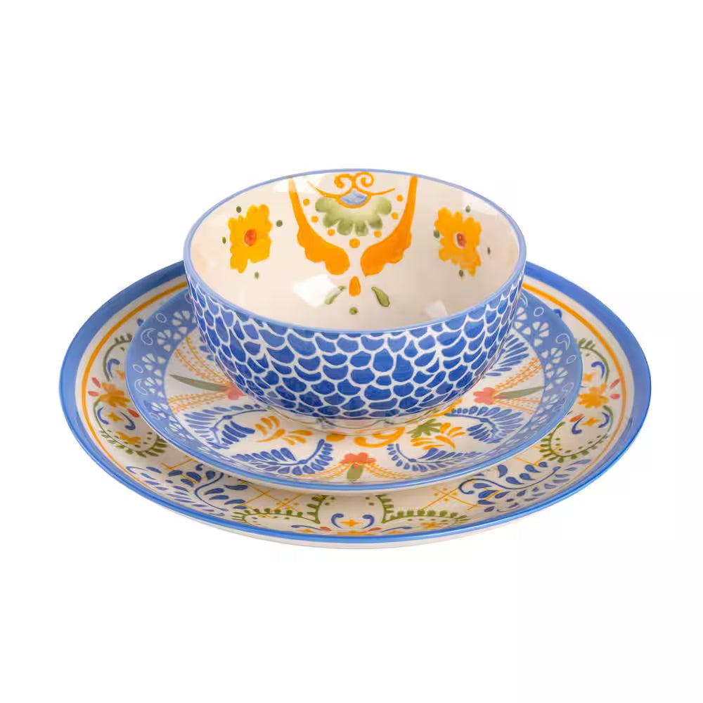 Tierra Tile 12-Piece round Stoneware Dinnerware Set in Blue Assorted Designs Service Set for 4