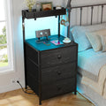 Nightstand with Charging Station and Led Night Stand with 3 Drawers, Bedside Table with Drawers and Outlets, Dorm Nightstand for Bedroom,Entryway, Hallway, Closet, 4 Hooks, Black