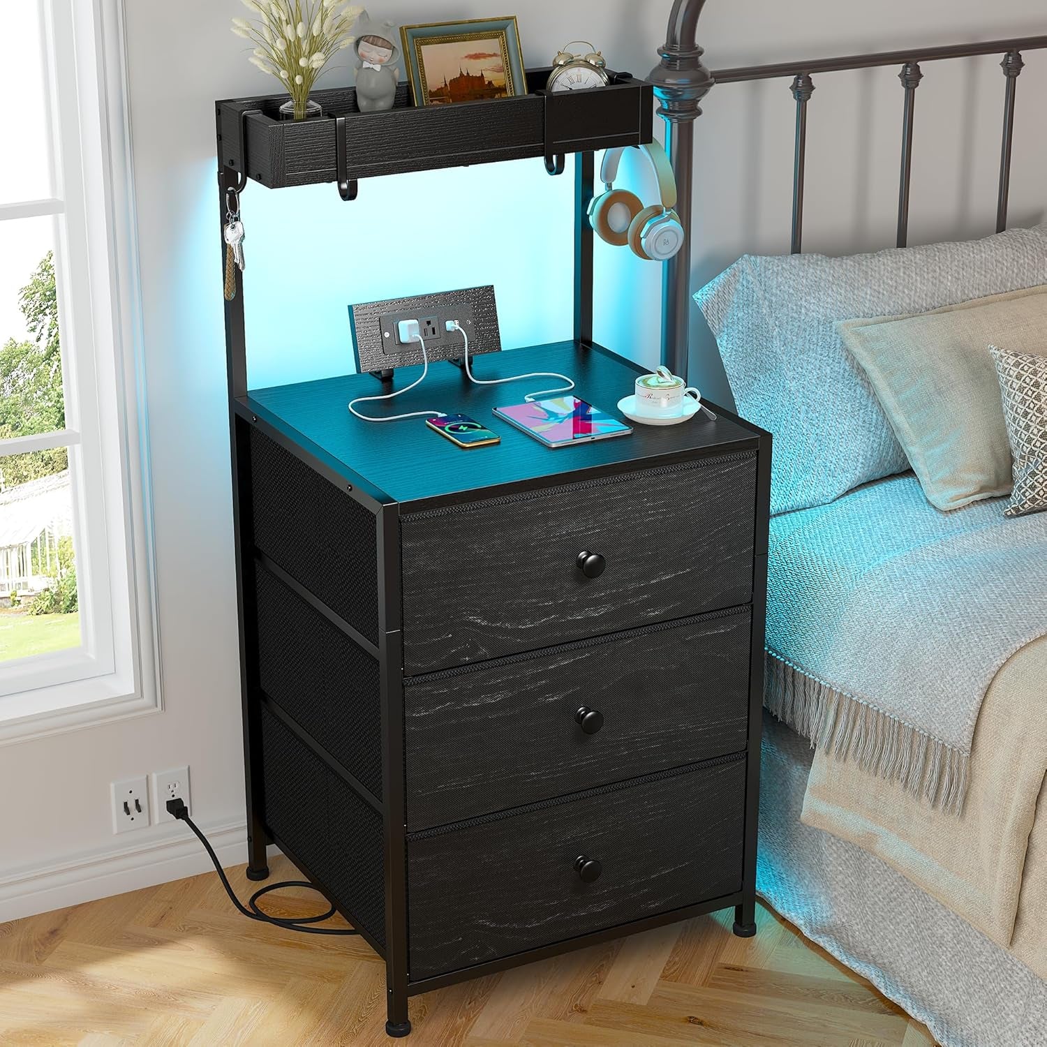 Nightstand with Charging Station and Led Night Stand with 3 Drawers, Bedside Table with Drawers and Outlets, Dorm Nightstand for Bedroom,Entryway, Hallway, Closet, 4 Hooks, Black