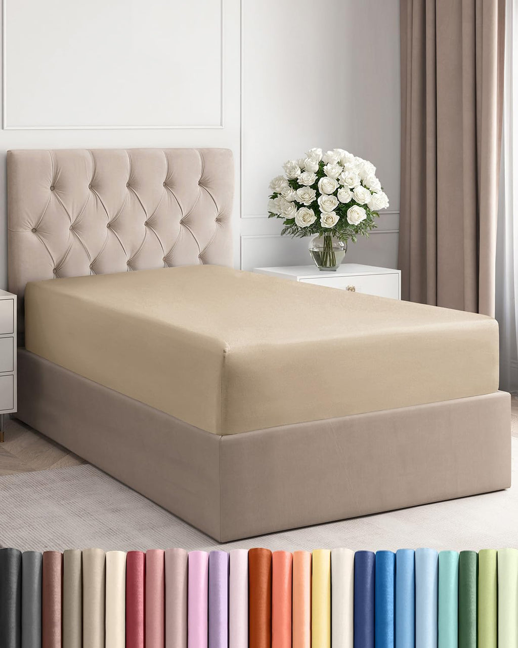 Twin Fitted Bed Sheet - Bottom Single Fitted Sheet Only - Ultra-Soft Hotel Luxury Bedding W/ 8-16 Inch Deep Pockets - Breathable, Cooling & Wrinkle Free - Easy-Care, Fade & Shrink Resistant - Beige