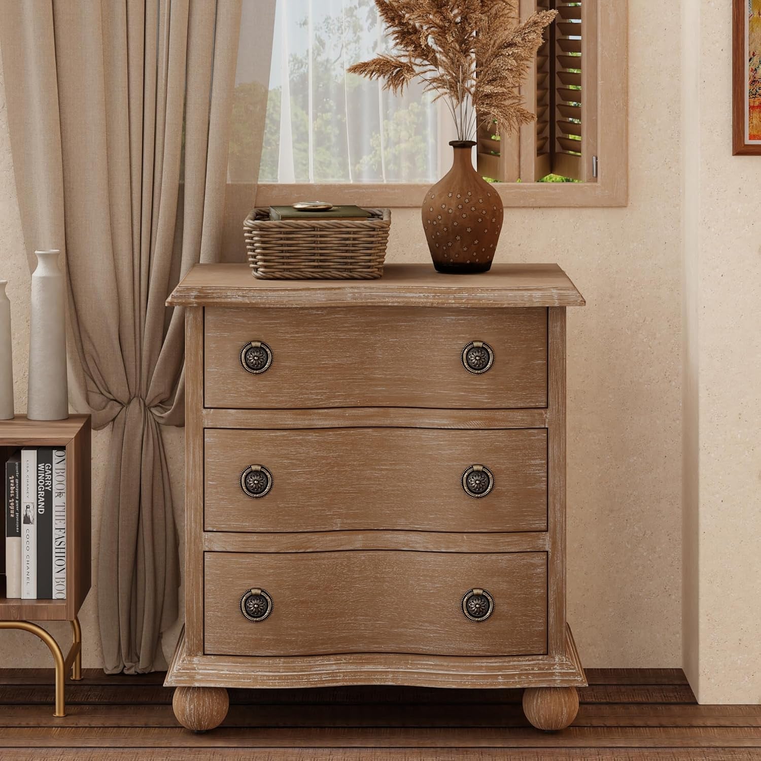 Farmhouse 3 Drawer Nightstand with Distressed Wood Finish, Rustic Vintage Small Dresser with Curved Front Design, Solid Pine Base for Bedroom, Almost Fully Assembly, Transitional, Brown