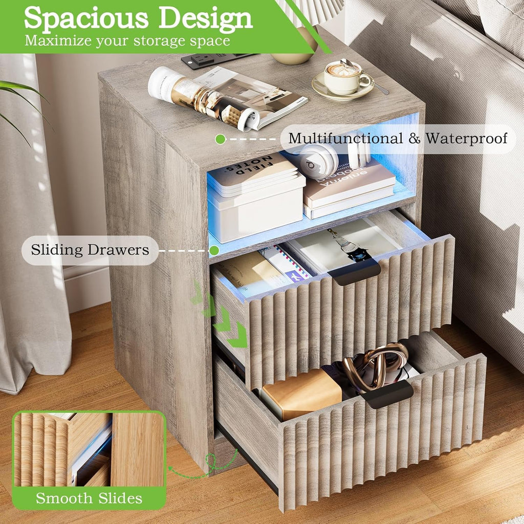 Night Stand Set 2, LED Night Stand with Charging Station, Wood Side Table, Fluted Nightstands with 2 Drawers, End & Bedside Tables for Bedroom Sofa Office, Wood Gray